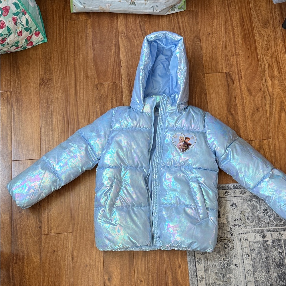 H&M Iridescent Light Blue Puffer Jacket with Heart Patch